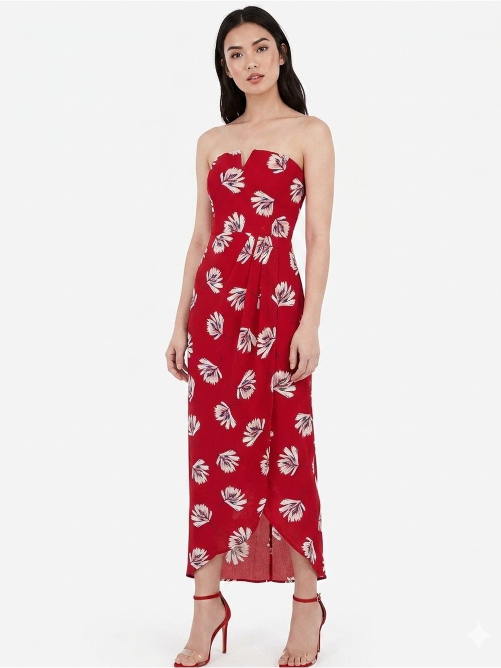 Express Red Strapless Palm Floral Print MIDI Dress